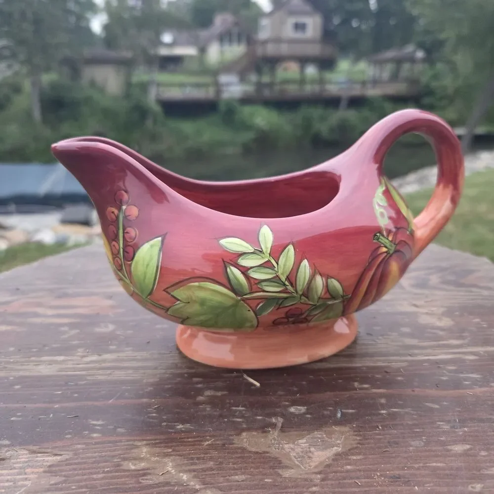 Gates Ware Laurie Gates Gravy Boat Pumpkin Leaves Orange
